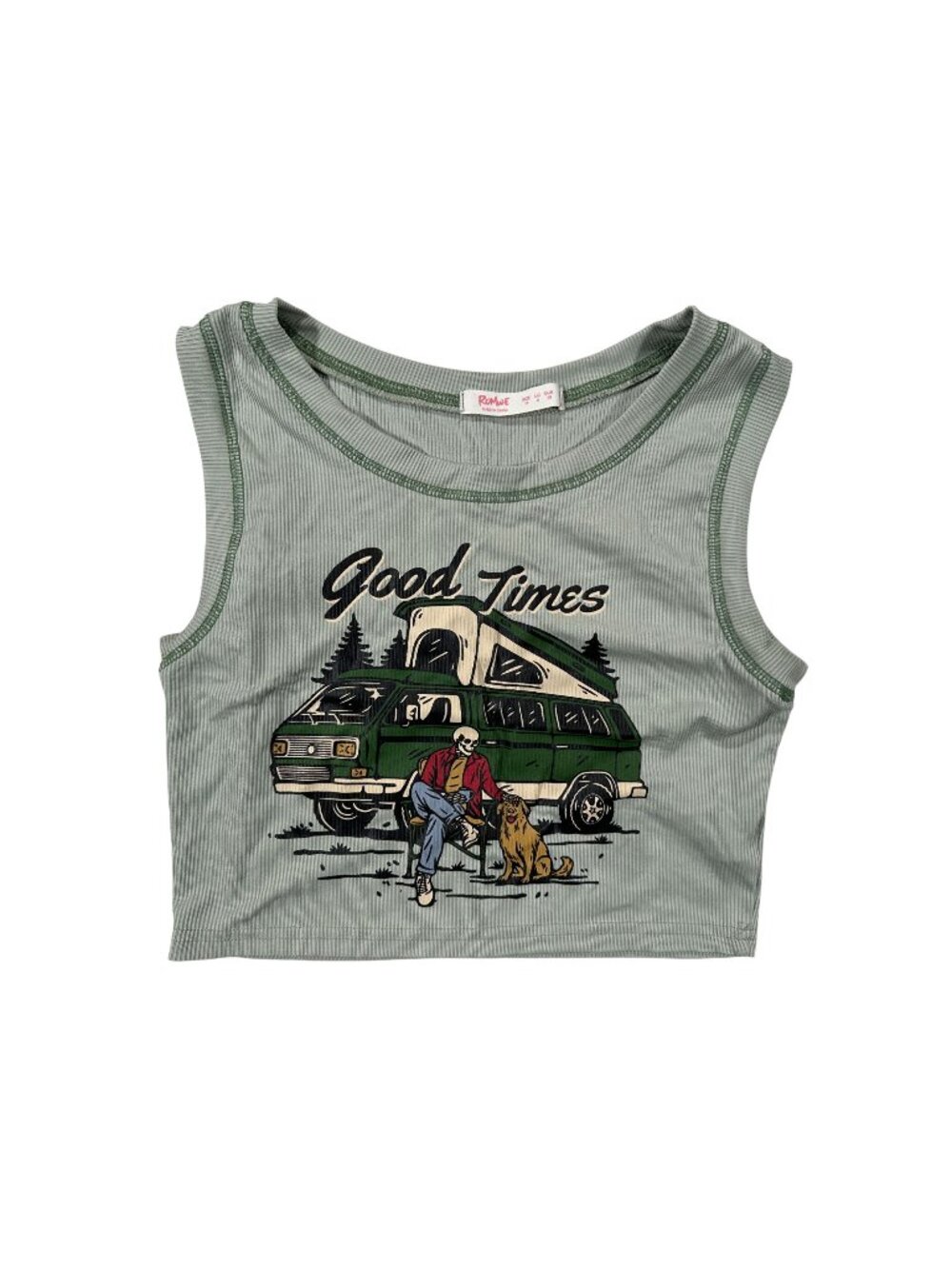 Romwe Womens Graphic Crop Top Green Size M Casual Ribbed Good Times Camper Print